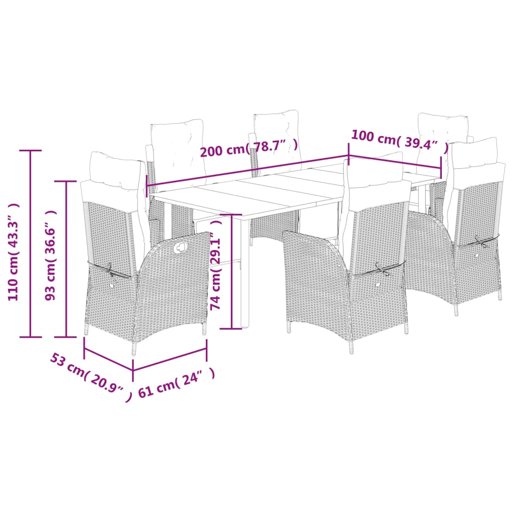 7 pcs conjunto de jantar p/ jardim c/ almofadões vime PE cinza