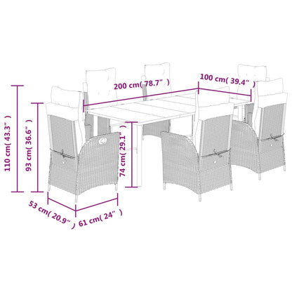 7 pcs conjunto de jantar p/ jardim c/ almofadões vime PE cinza