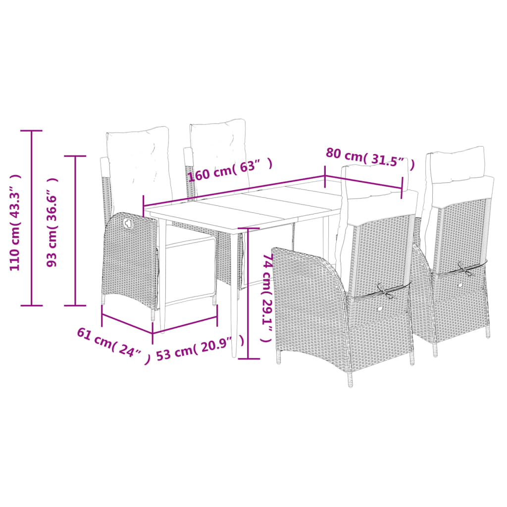 5 pcs conjunto de jantar p/ jardim com almofadões vime PE bege