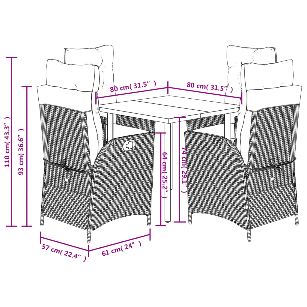 5 pcs conjunto de jantar p/ jardim com almofadões vime PE bege