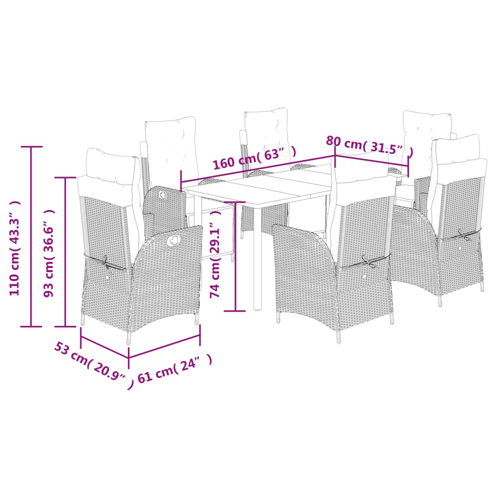 7 pcs conjunto de jantar p/ jardim com almofadões vime PE bege