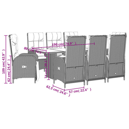 9 pcs conjunto de jantar p/ jardim c/ almofadões vime PE cinza