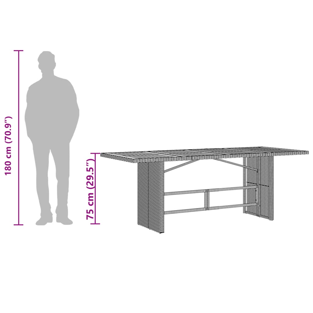 Mesa de jardim com tampo em acácia 190x80x75 cm vime PE preto