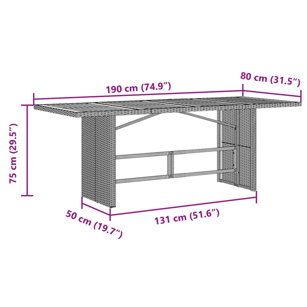 Mesa de jardim com tampo em acácia 190x80x75 cm vime PE preto