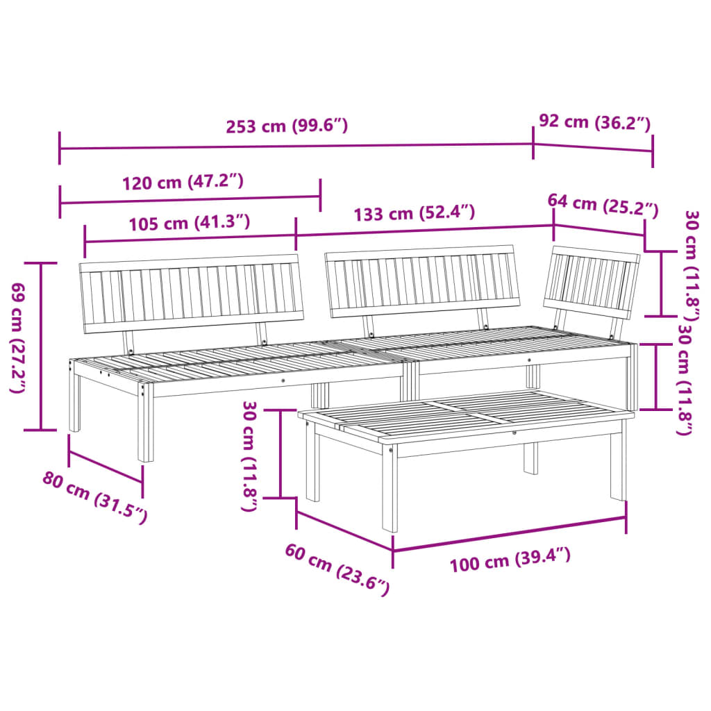 3 pcs conjunto de móveis de paletes p/ jardim acácia maciça