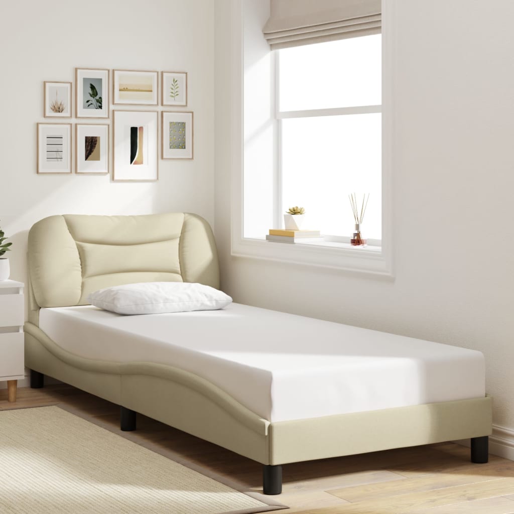 Estrutura de cama c/ cabeceira tecido cor creme 90x190 cm