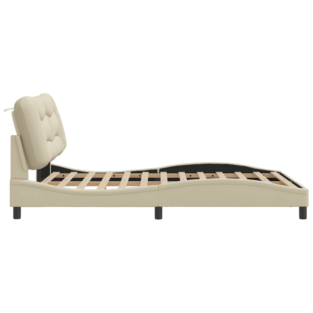 Estrutura de cama c/ cabeceira tecido cor creme 140x190 cm