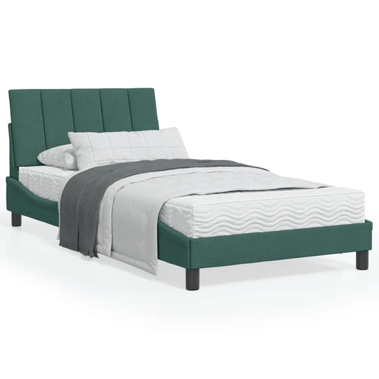 Estrutura de cama c/ cabeceira 100x200 cm veludo verde-escuro