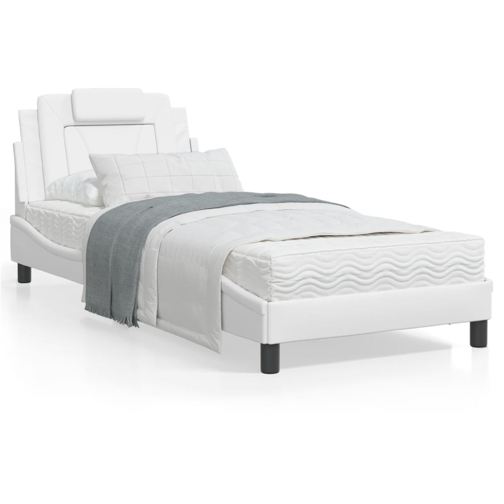 Estrutura de cama c/ cabeceira couro artificial 90x190cm branco