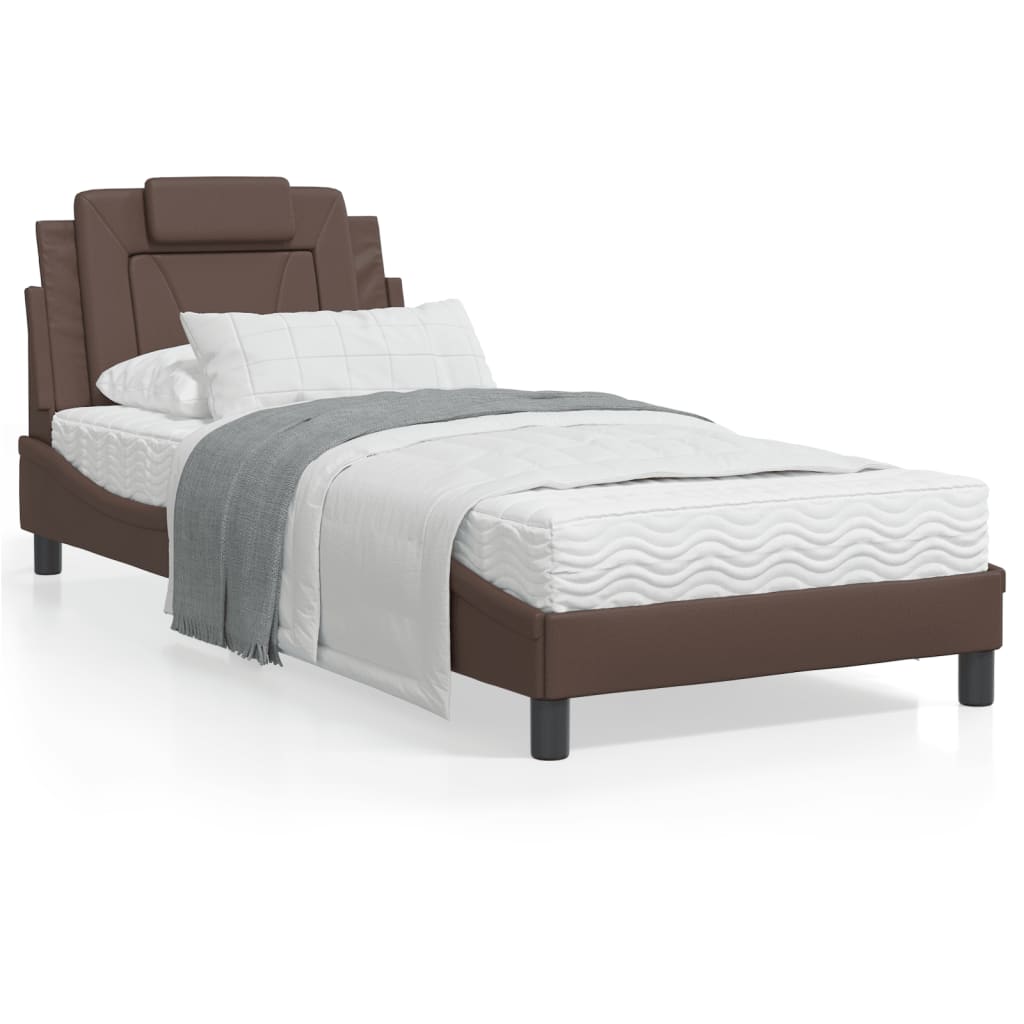 Estrutura cama c/ cabeceira couro artificial 90x190 cm castanho