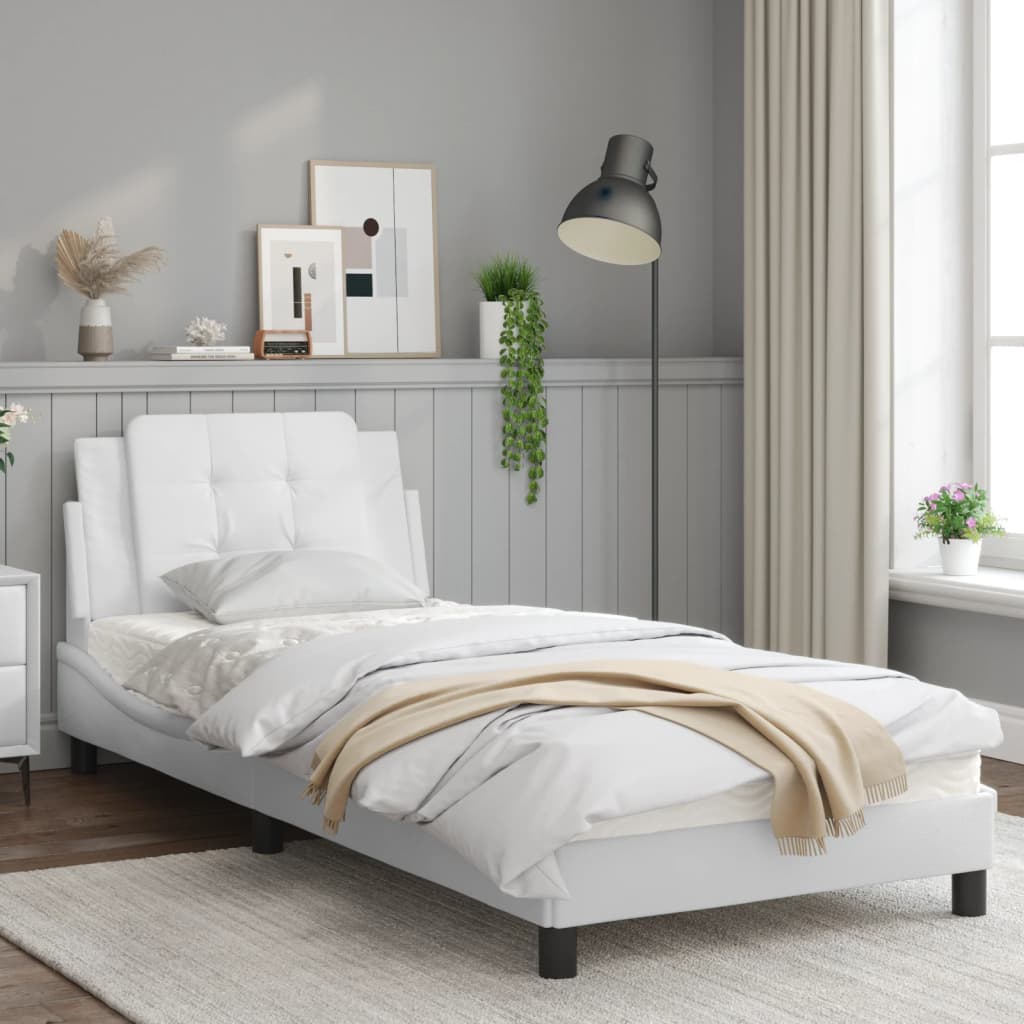 Estrutura de cama c/ cabeceira couro artificial 90x190cm branco