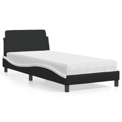 Cama com colchão 80x200 cm couro artificial preto e branco