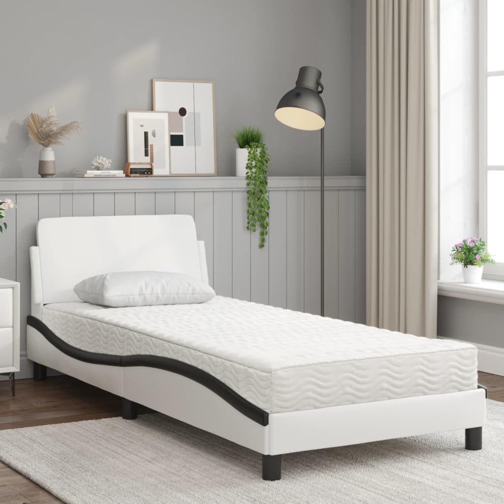 Cama com colchão 80x200 cm couro artificial branco e preto