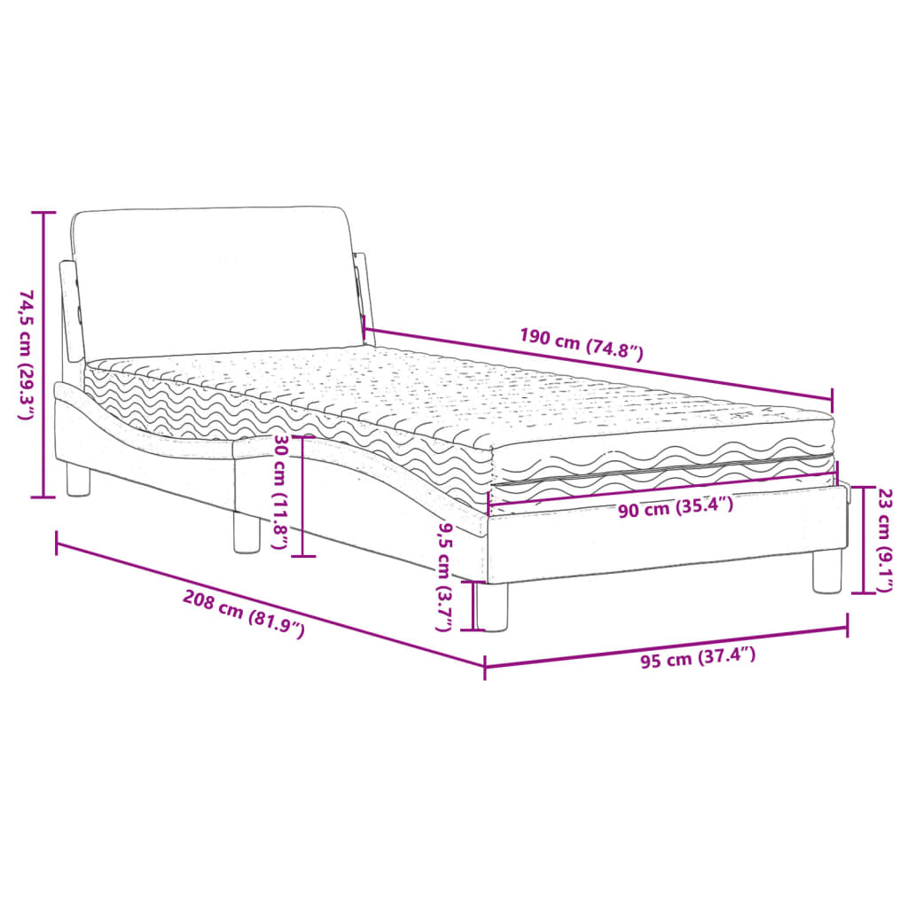 Cama com colchão 90x190 cm veludo cinzento-claro