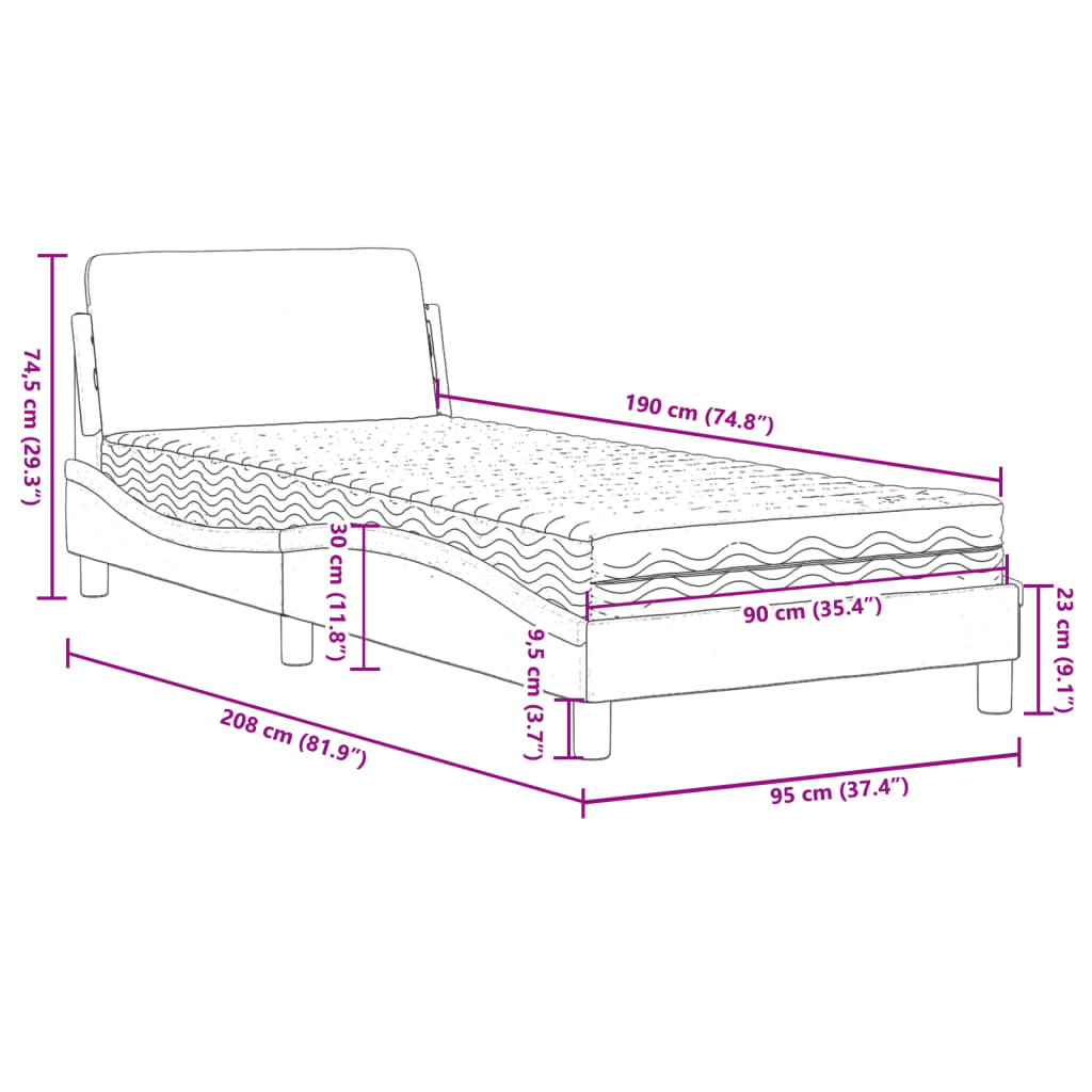 Cama com colchão 90x190 cm veludo cinzento-escuro