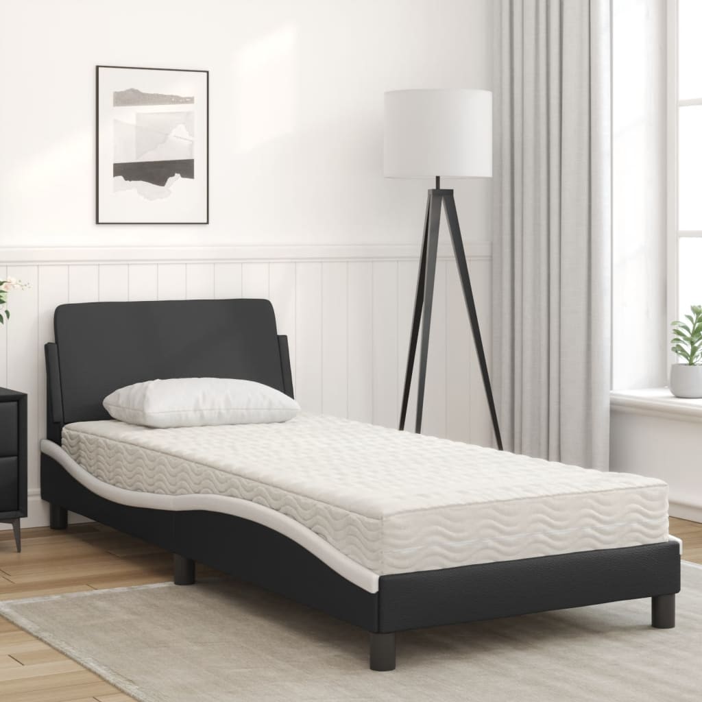 Cama com colchão 90x190 cm couro artificial preto e branco