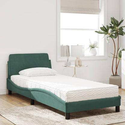 Cama com colchão 90x200 cm veludo verde-escuro