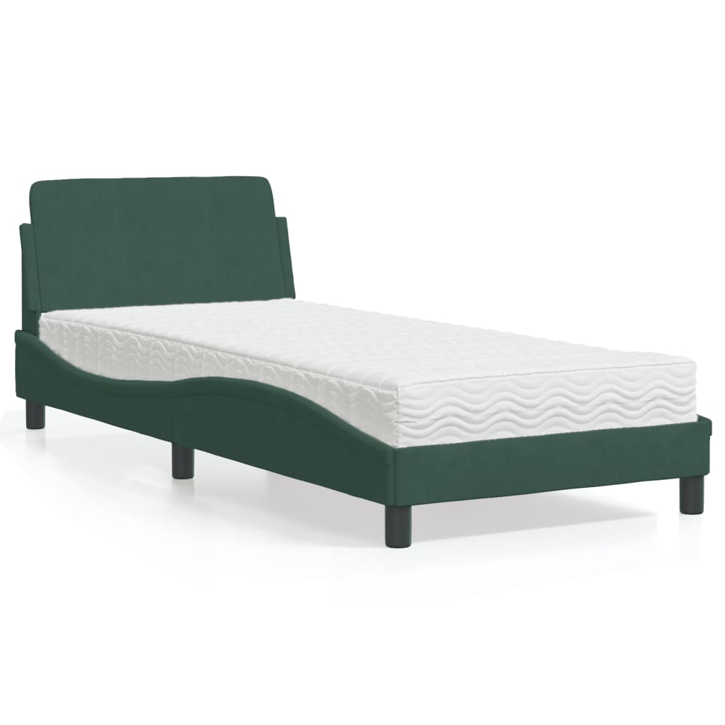 Cama com colchão 90x200 cm veludo verde-escuro