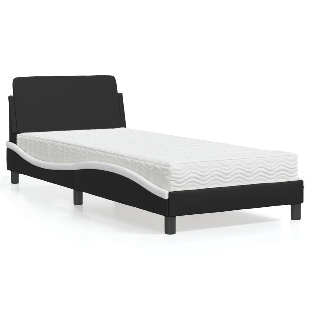 Cama com colchão 90x200 cm couro artificial preto e branco