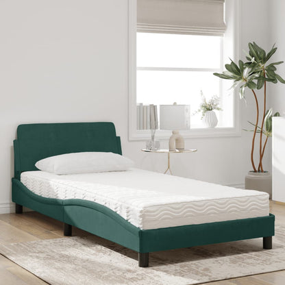 Cama com colchão 100x200 cm veludo verde-escuro