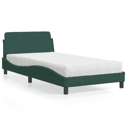 Cama com colchão 100x200 cm veludo verde-escuro