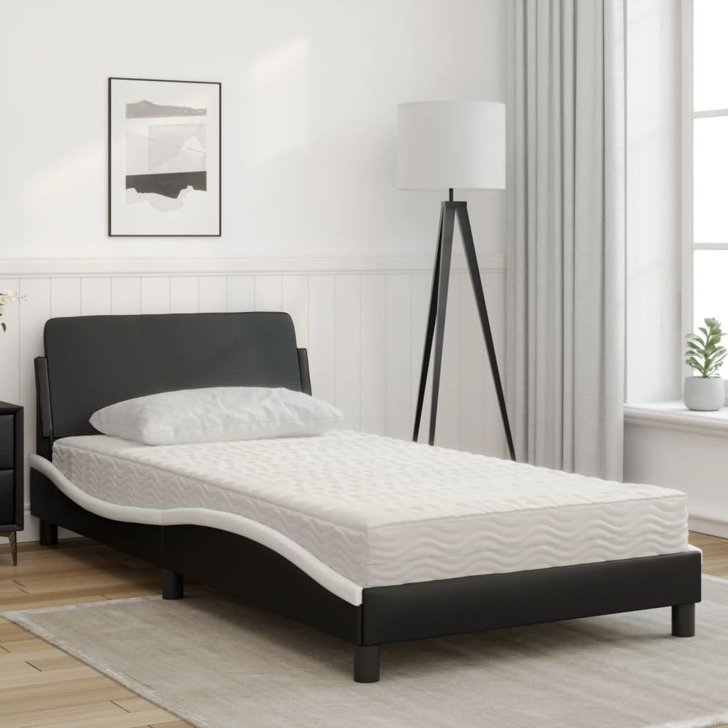 Cama com colchão 100x200 cm couro artificial preto e branco