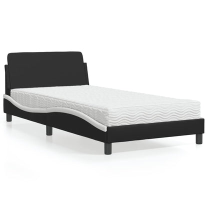 Cama com colchão 100x200 cm couro artificial preto e branco