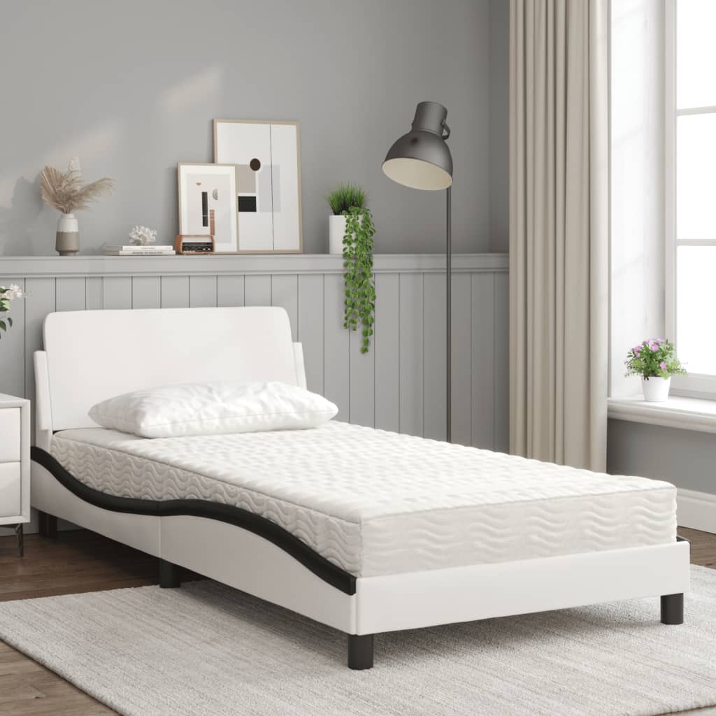 Cama com colchão 100x200 cm couro artificial branco e preto