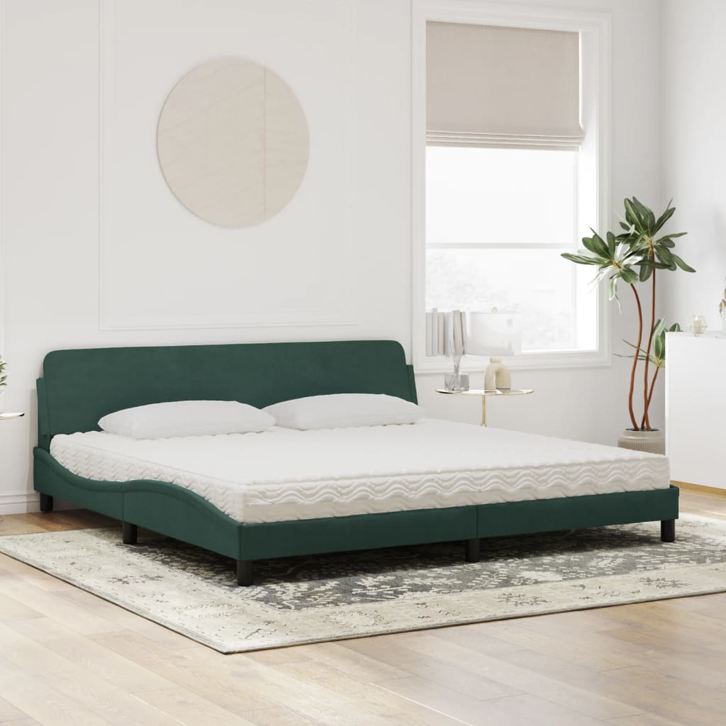 Cama com colchão 200x200 cm veludo verde-escuro