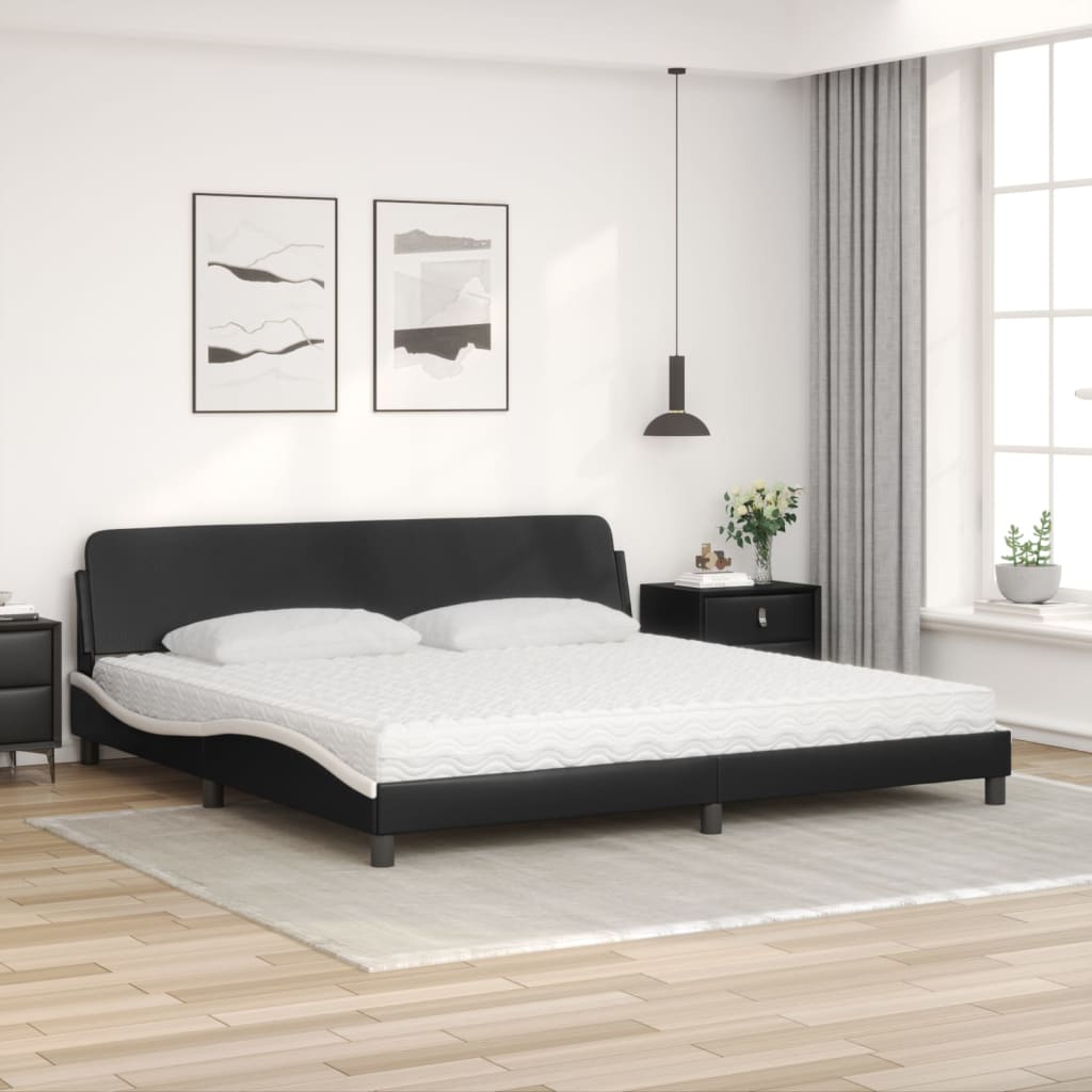 Cama com colchão 200x200 cm couro artificial preto e branco