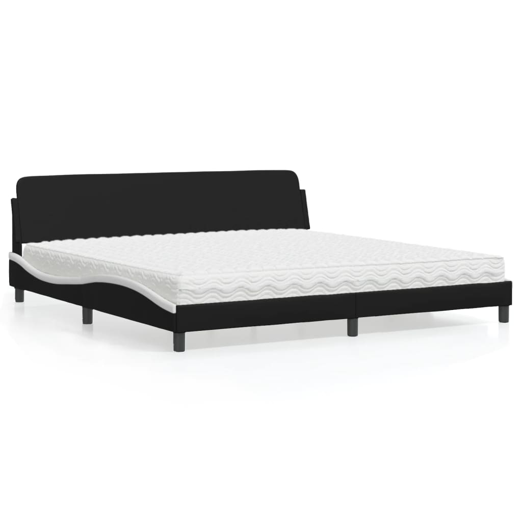 Cama com colchão 200x200 cm couro artificial preto e branco