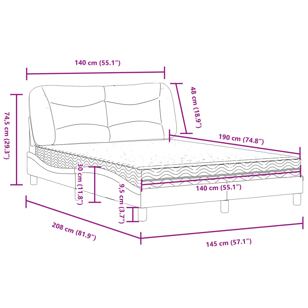 Cama com colchão 140x190 cm tecido castanho-escuro