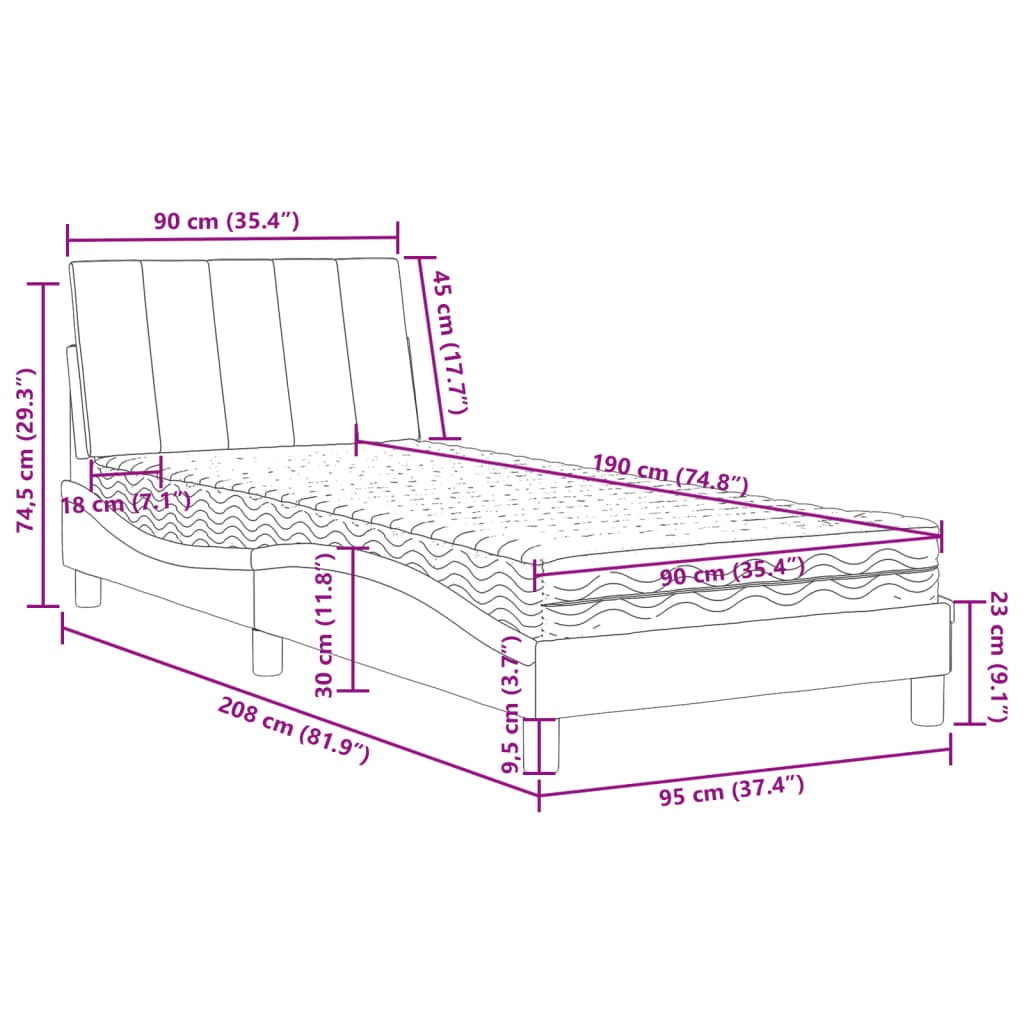 Cama com colchão 90x190 cm veludo cinzento-escuro