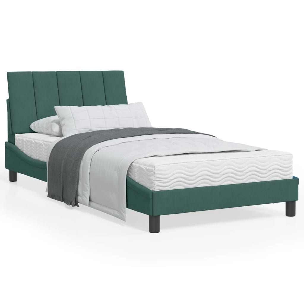 Cama com colchão 100x200 cm veludo verde-escuro