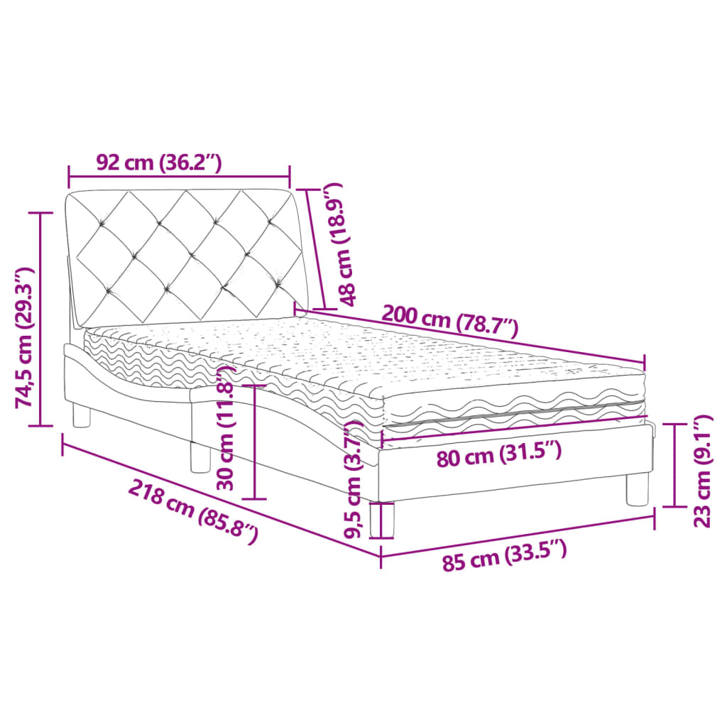 Cama com colchão 80x200 cm veludo cinzento-claro