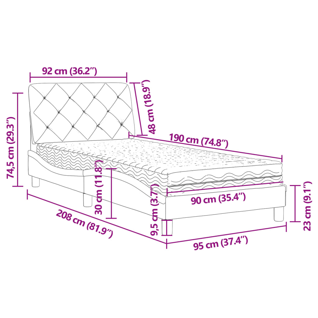 Cama com colchão 90x190 cm veludo cinzento-claro