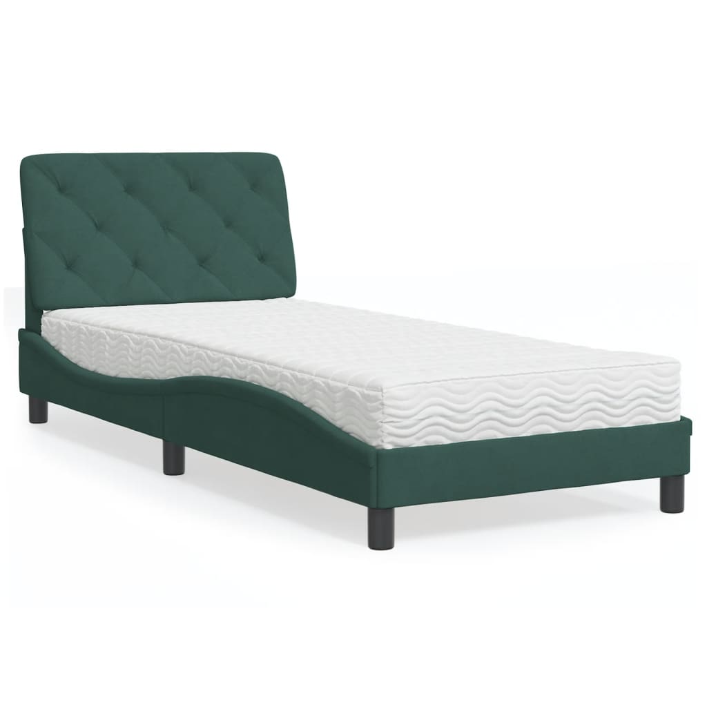 Cama com colchão 90x190 cm veludo verde-escuro