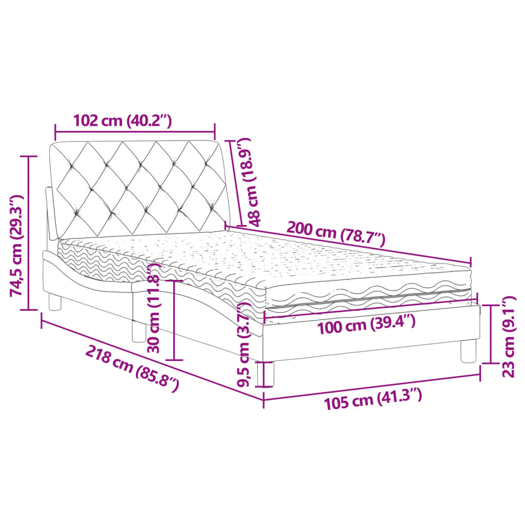 Cama com colchão 100x200 cm veludo cinzento-claro