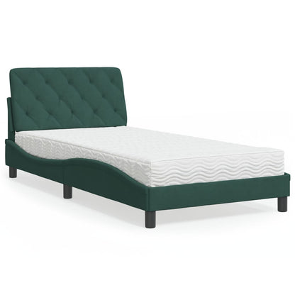 Cama com colchão 100x200 cm veludo verde-escuro