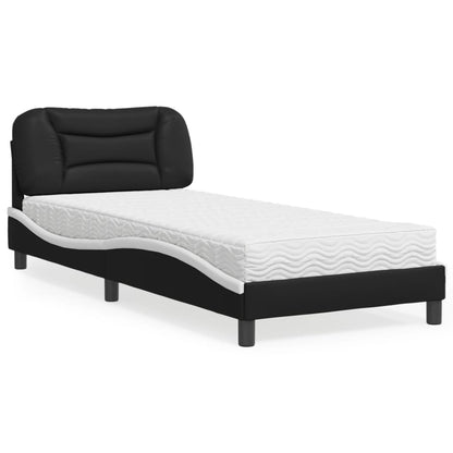 Cama com colchão 90x190 cm couro artificial preto e branco