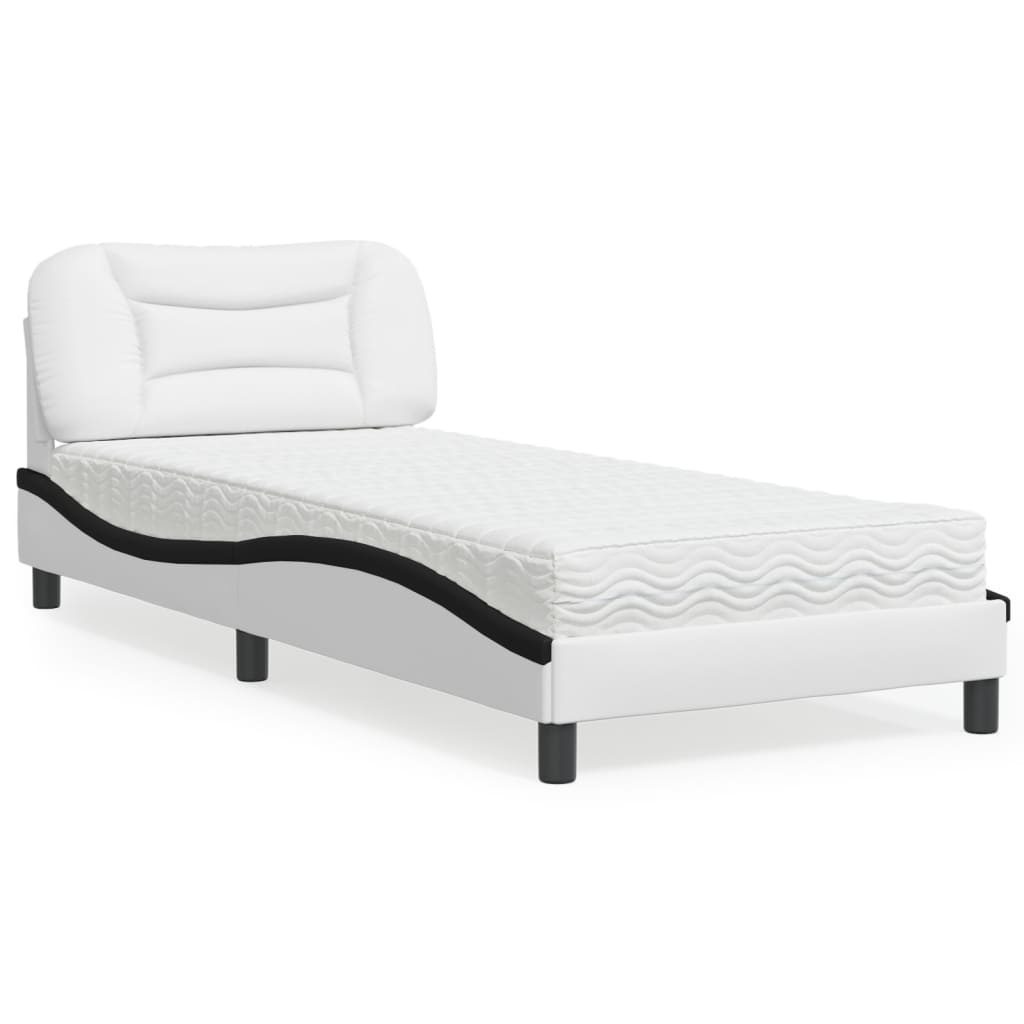 Cama com colchão 90x200 cm couro artificial branco e preto