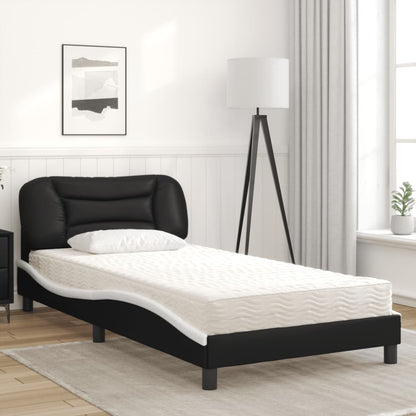 Cama com colchão 100x200 cm couro artificial preto e branco