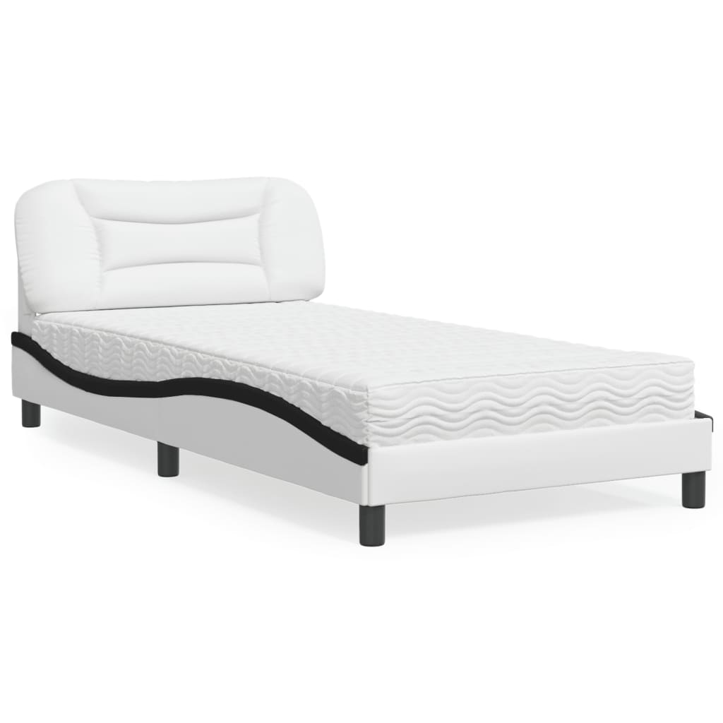 Cama com colchão 100x200 cm couro artificial branco e preto