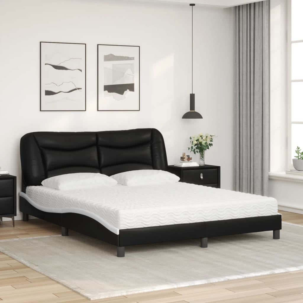 Cama com colchão 160x200 cm couro artificial preto e branco