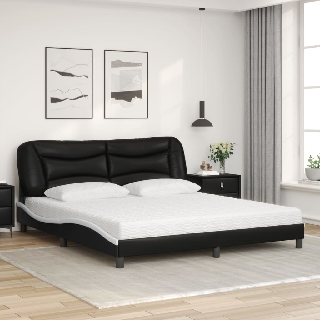 Cama com colchão 180x200 cm couro artificial preto e branco