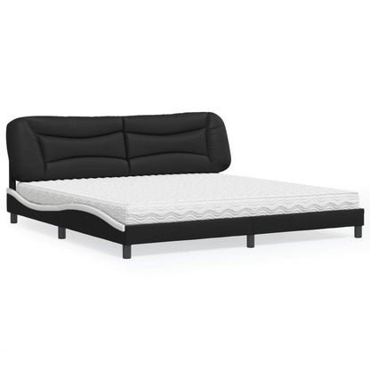 Cama com colchão 200x200 cm couro artificial preto e branco