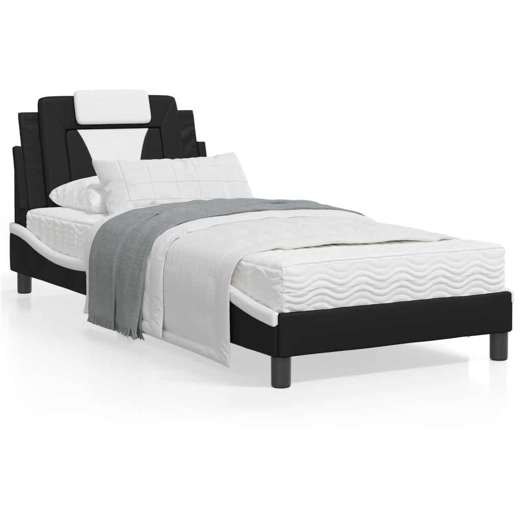 Cama com colchão 80x200 cm couro artificial preto e branco