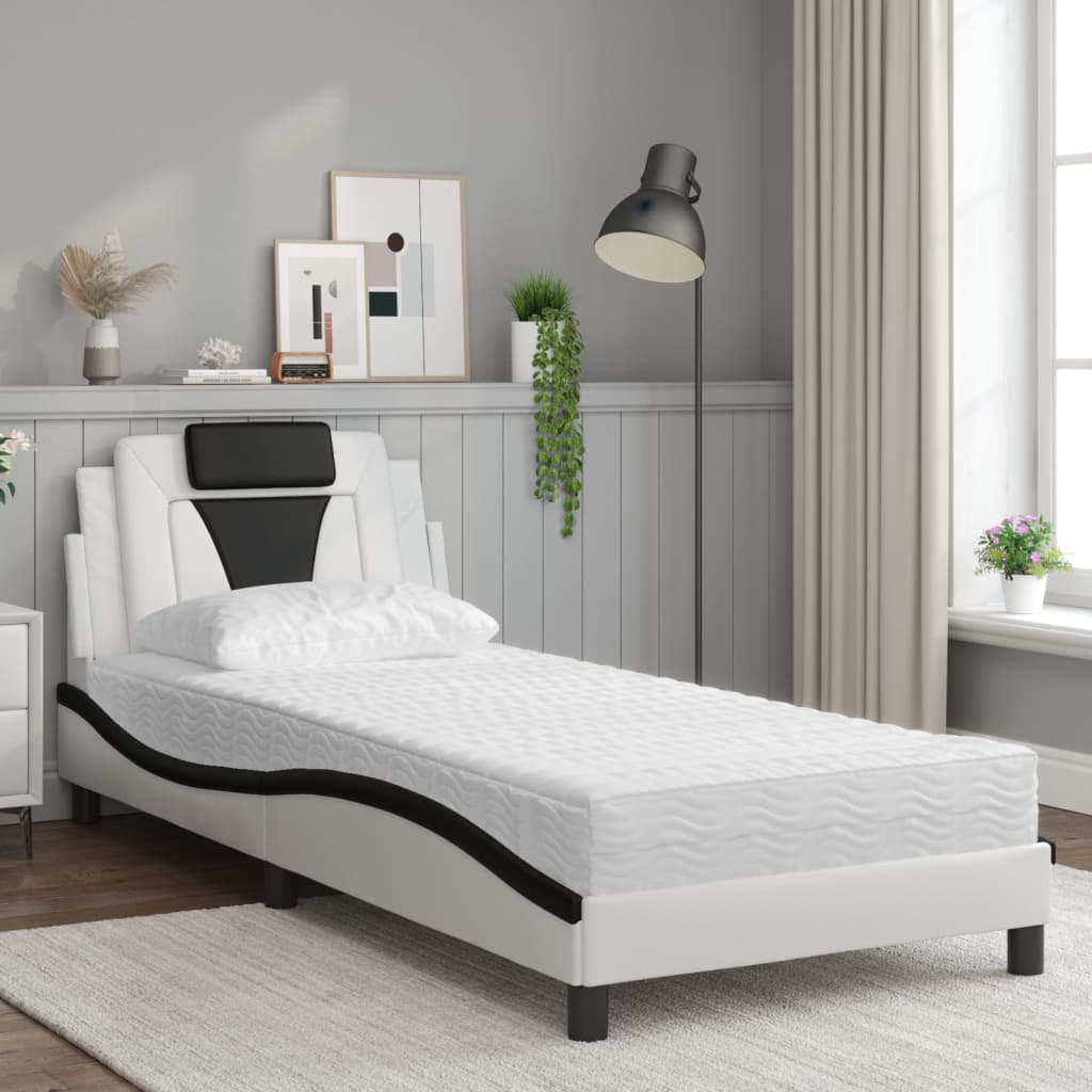 Cama com colchão 90x190 cm couro artificial preto e branco