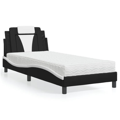 Cama com colchão 90x200 cm couro artificial preto e branco