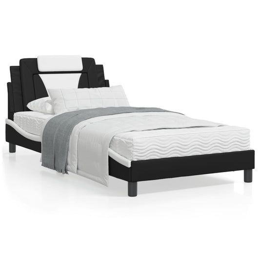 Cama com colchão 100x200 cm couro artificial preto e branco